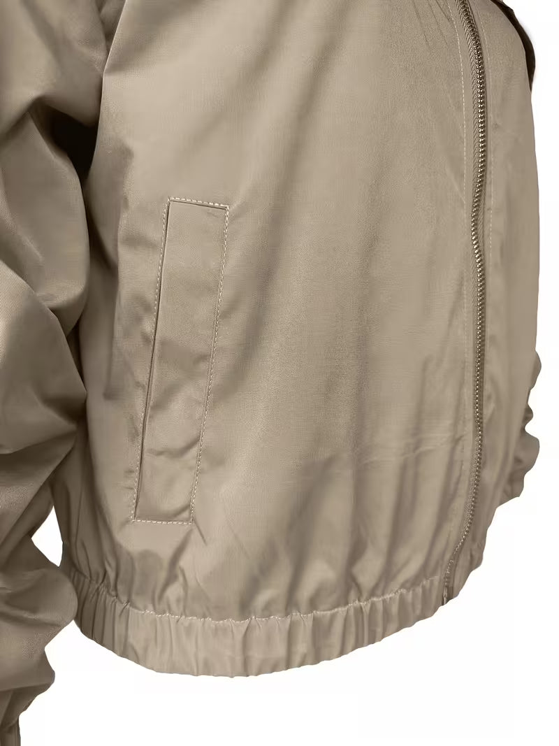 Lightweight Women's Casual Contrast Collar Short Jacket | Relaxed Fit Zip-Up Spring/Fall Coat with Pockets, Brown & White Color Block Design, Hand Washable, Breathable Material
