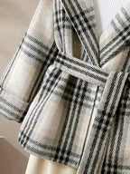 Women'S Korean-Inspired Navy Blue & White Gingham Checkered Tweed Coat - Autumn Winter Casual Chic Belted Waist Long Sleeve Coat with Pockets