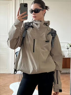 Women'S Windproof Full-Zip Hooded Jacket - Loose-Fit Long Sleeve Windproof Coat with Full-Zip Front Closure, Beige/Black/Gray/Navy/White - All-Season Casual Outerwear for, Travel