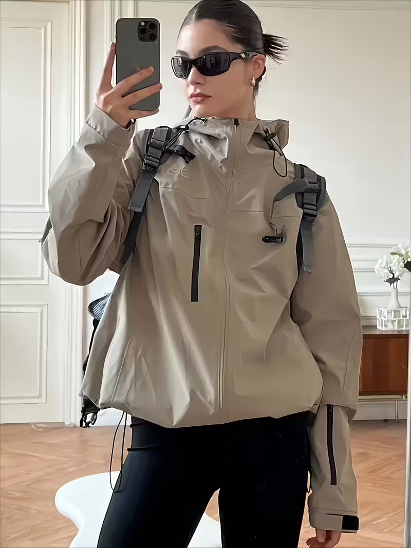 Women'S Windproof Full-Zip Hooded Jacket - Loose-Fit Long Sleeve Windproof Coat with Full-Zip Front Closure, Beige/Black/Gray/Navy/White - All-Season Casual Outerwear for, Travel